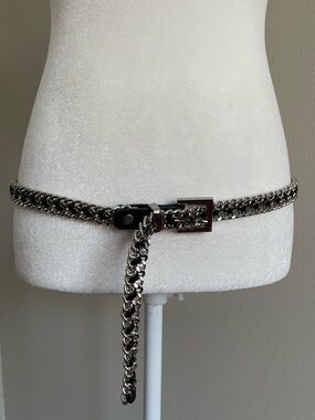 Womens Silver Chain Link Belt with Black Leather Accent
